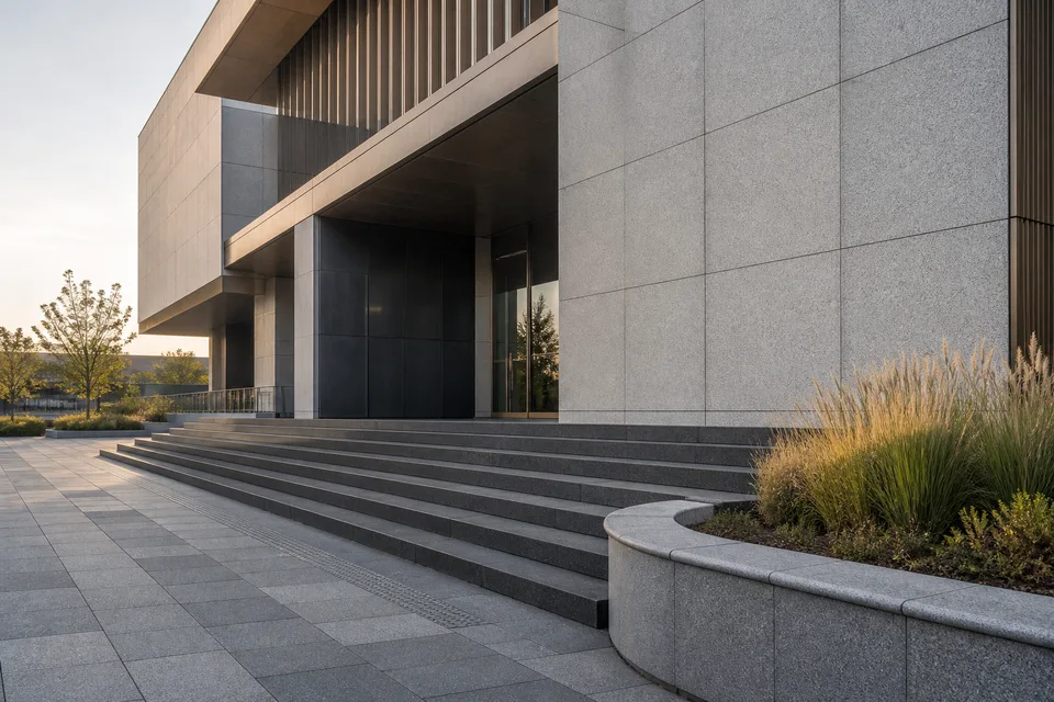 Illustrative granite facade, steps and landscape paving